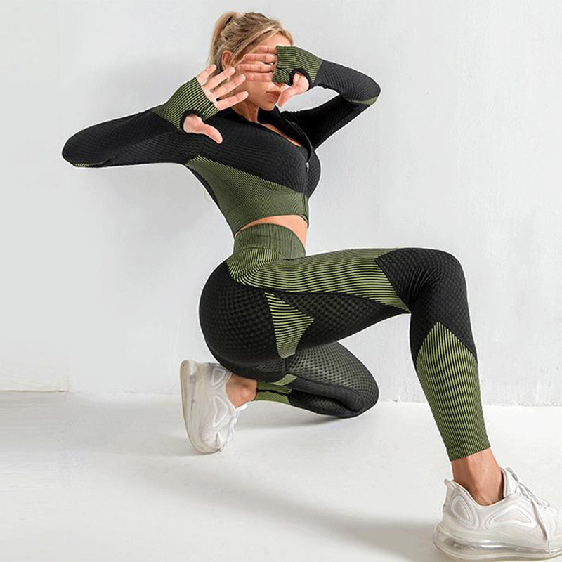 Brassière + Crop Top + Legging Seamless – Set Fitness 3 pièces